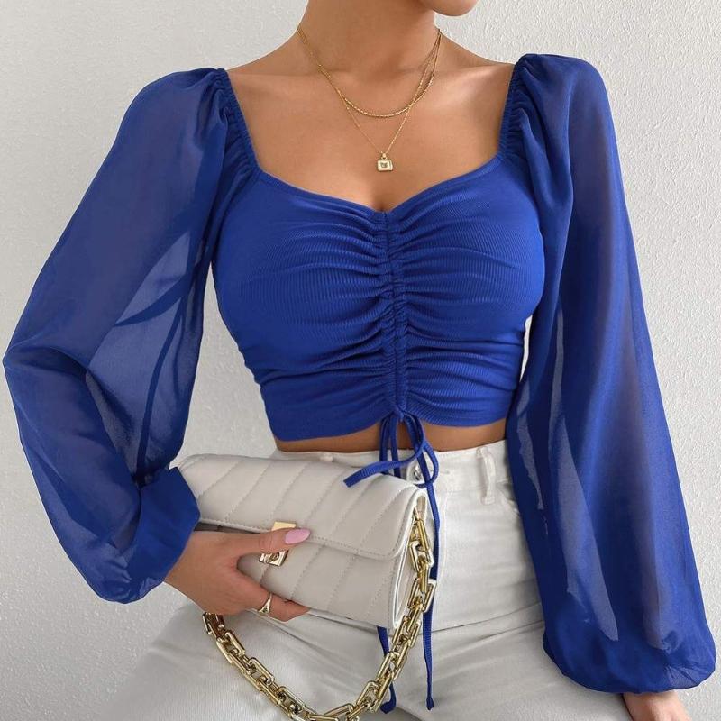 Summer New V-neck Drawstring Chiffon Blouse Women Vintage Lantern Sleeve Slim Fashion Sexy Women's Shirt Tops Elegant Solid Ladies Crop Blouse 25156