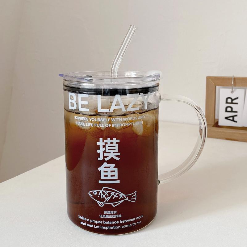 Skleněné šálky 1000 ml s víčkem a slámkou Roztomilé hrnky na kávu Velké sklenice na nápoje Voda Čaj Korejský mléčný džus Pivní šálek