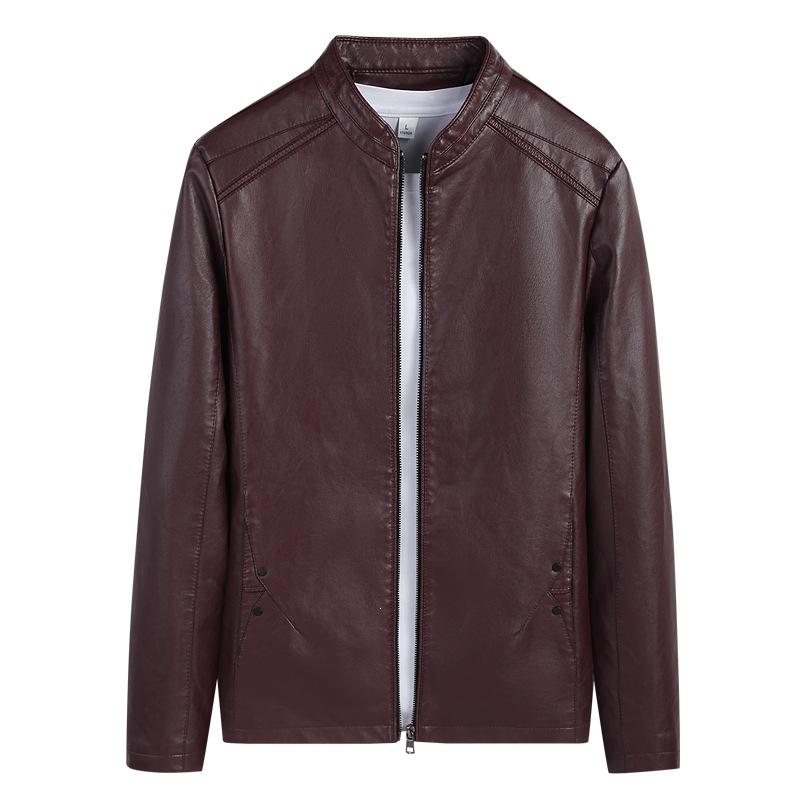 Autumn and winter men's leather jacket fashion trend velvet casual leather jacket men's multi-bag stand-up collar locomotive