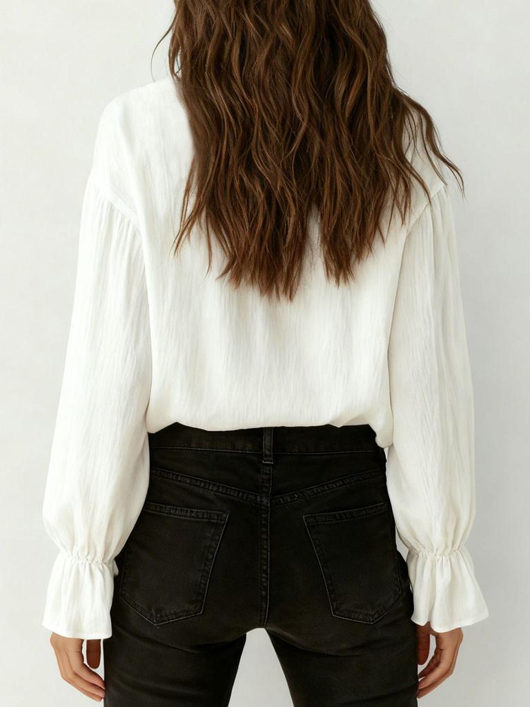 2026 Women's Solid Color Lapel Lace-Trim Long Sleeve Versatile Shirt
