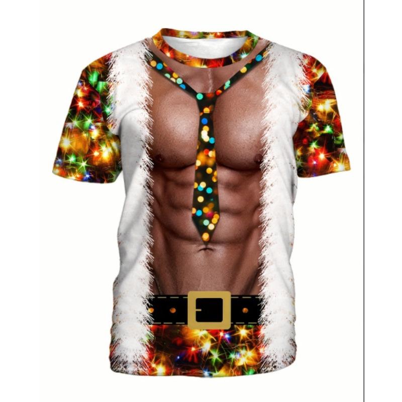 Summer Round Neck 3D Christmas Muscles Print Top Fashionable Casual Short Sleeved Men's T-shirts