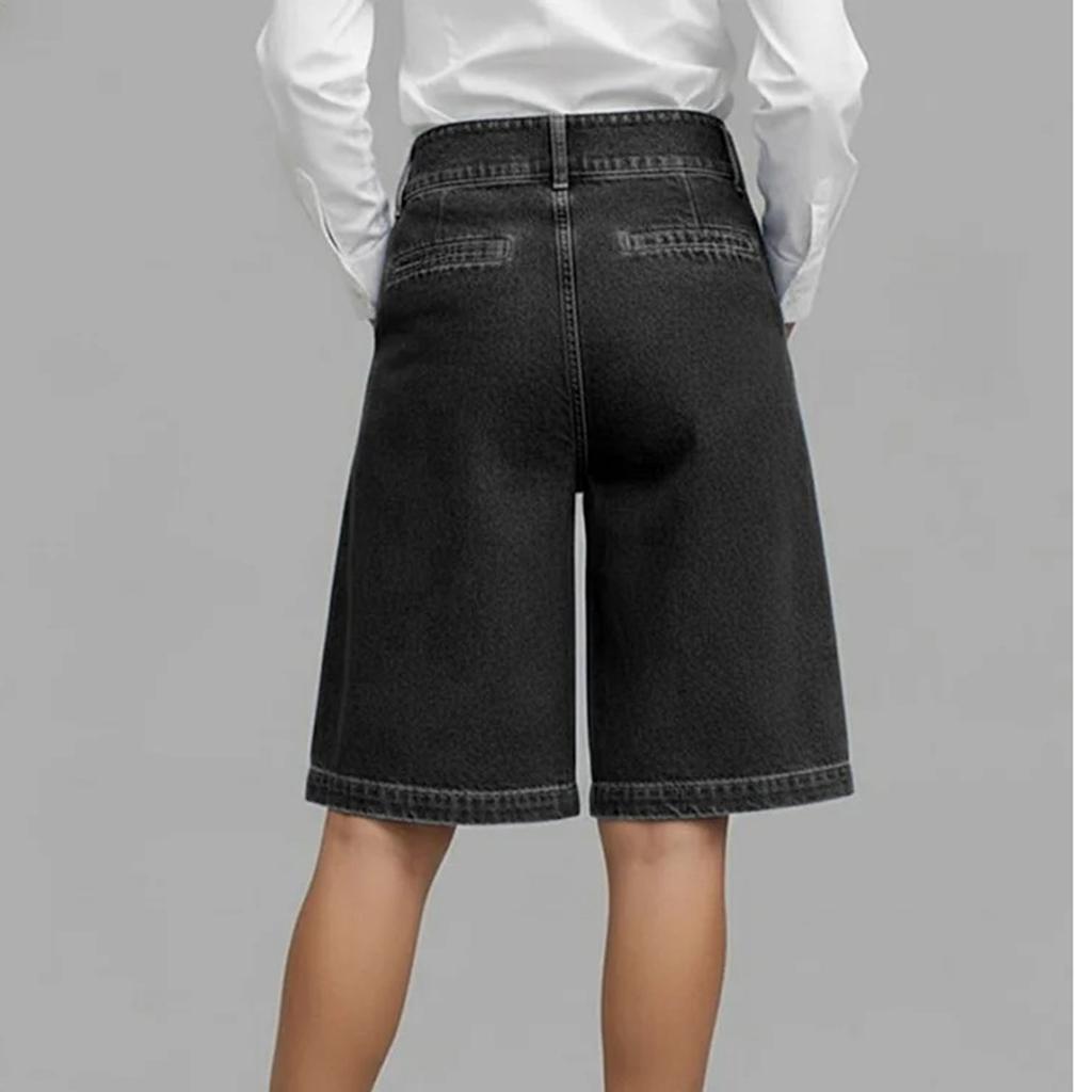 Womens High Waist Denim Bermuda Shorts Asymmetrical Front Wrap Design Knee Length Relaxed Fit Casual Shorts with Pockets