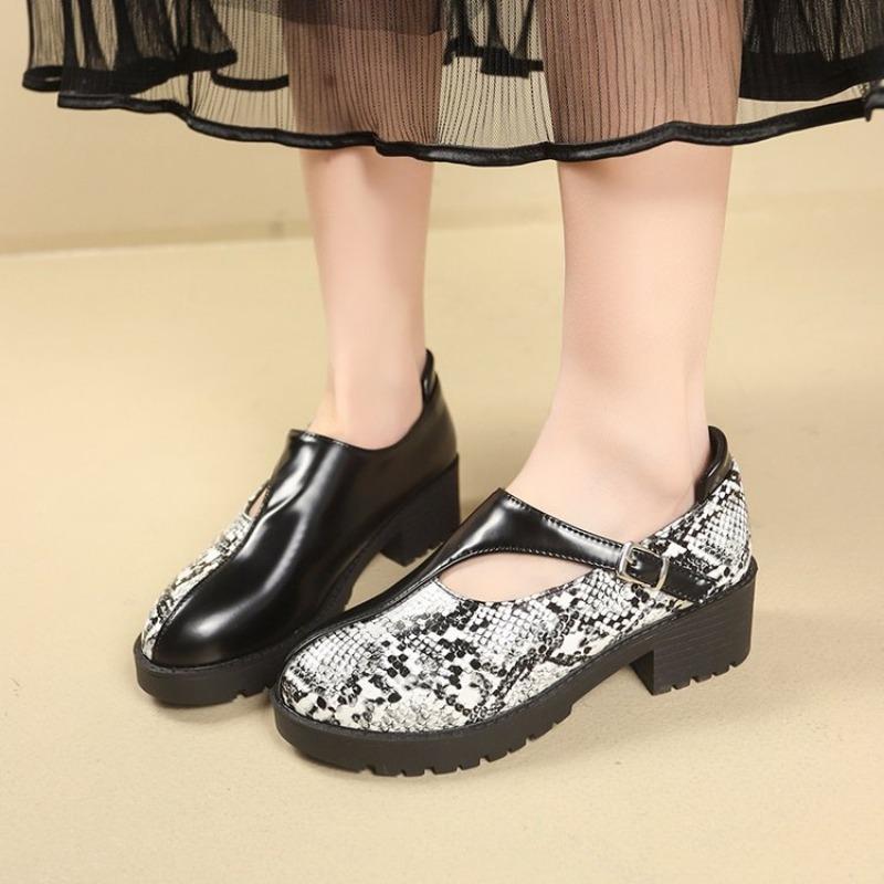 Women's Fashion Single Shoes Spring New Round Head Splicing Shallow Mouth Thick Sole Anti-slip Wear-resistant High Heels