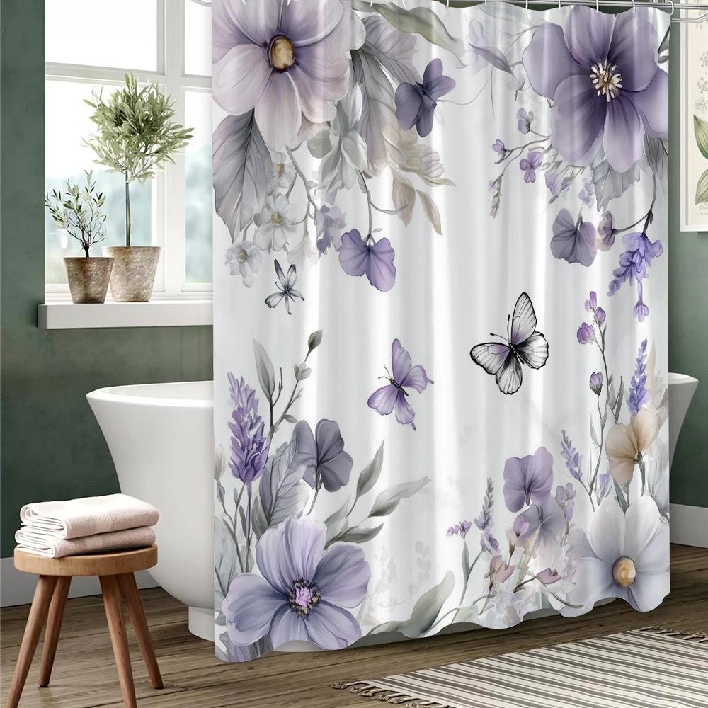 1 pc Colorful Flowers and Butterflies Print Shower Curtains With Hooks Bathroom Curtain Home Decoration Curtain Machine Washable