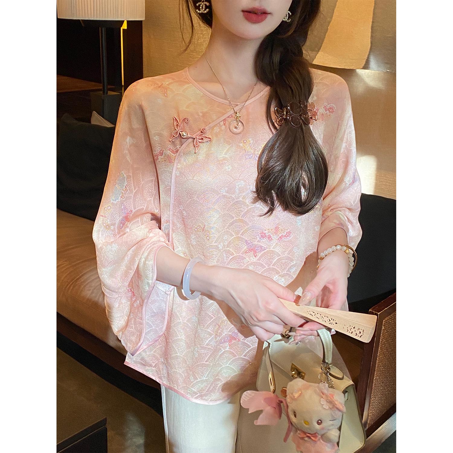 2026 Summer Xiangyun Silk Illusion Butterfly National Style Three-Thread Jiao Luo Mulberry Silk Women s Shirt S 158-163cm 90-105lbs