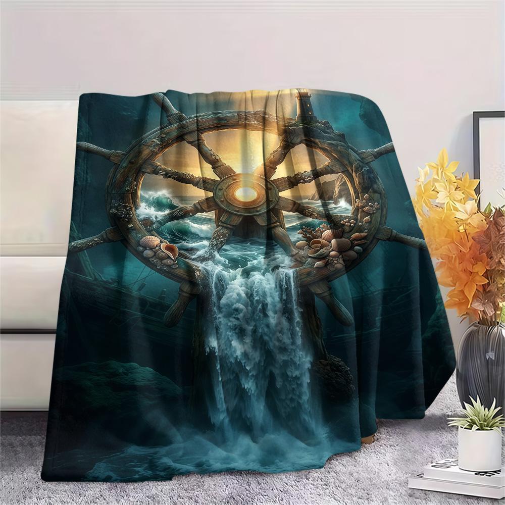 1PC Ships and seashells Print FlAannel Blanket, High quality Comfortable for All Seasons, Home Decor, Warmth and Comfort