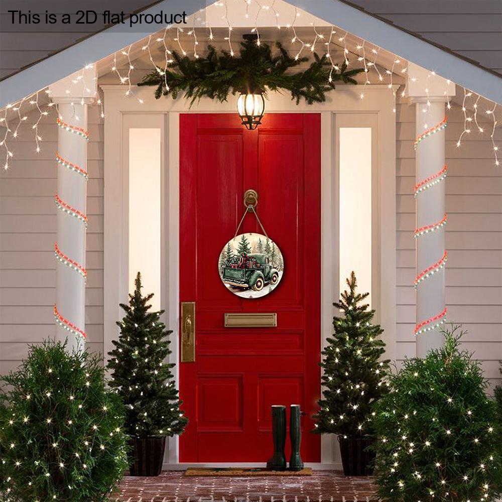 Christmas Wooden Sign with Vintage Pickup Truck Pattern, Warm Winter Round Sign for Front Door Wall Hanging Decor, Ideal Christmas Decoration