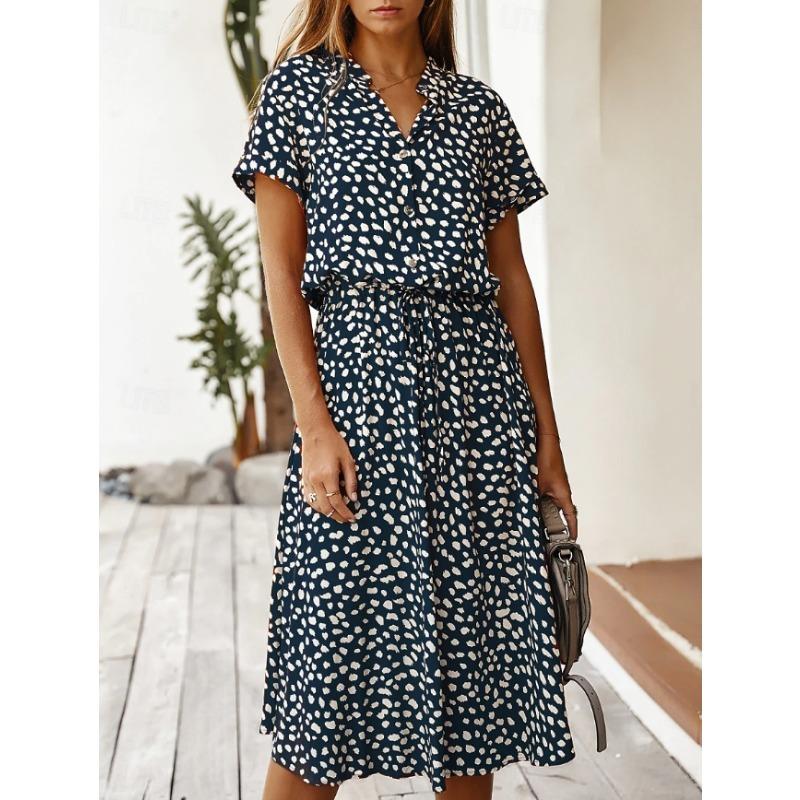 

Short Sleeve Summer Loose Printed Dress Fashion Dots A-line Party Holiday Dresses 2026 Lace-up Slim Fit Elegant Casual Simple Sweet Clothing 2XL темно-синього кольору