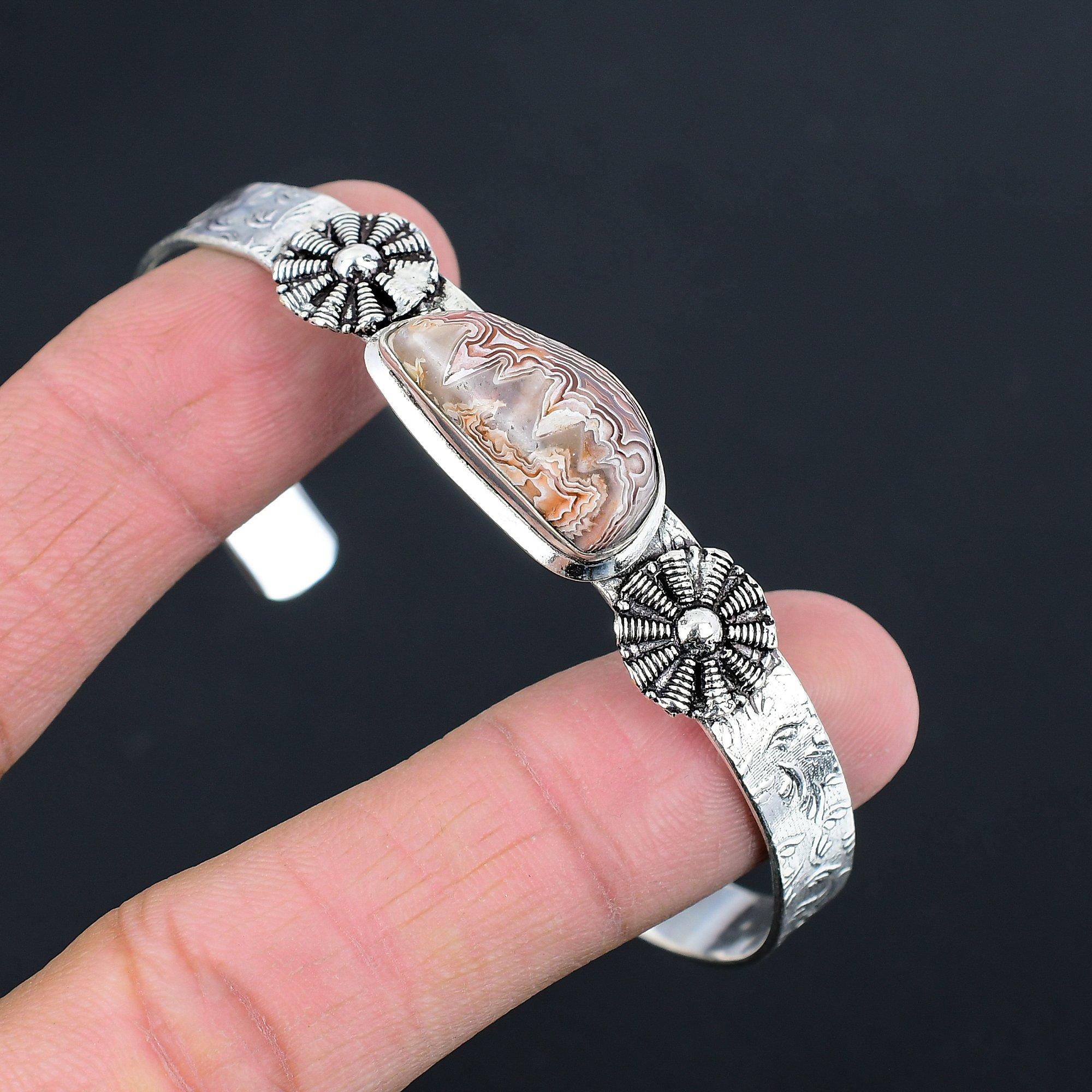 

Natural Crazy Lace Agate Gemstone Bangle Red Adjustable 925 Sterling Silver Adjustable