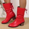 Fashion Women's Modern Boots Autumn Casual Back Lace-Up Mid-calf Boots Fashion Pleated Pu Leather Low Heel Botas Woman Large Size Shoes