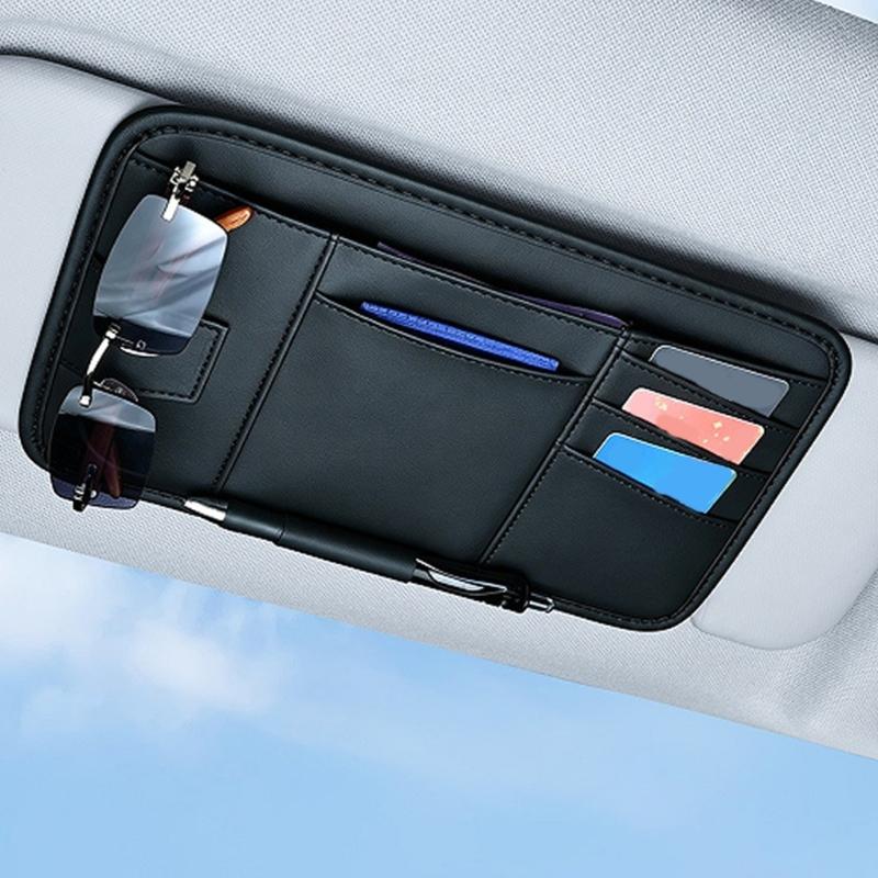 Car Document Pocket for Sunshade Use with Zippered Pouch, Card Pockets and Clip-On Design for Interior Order and Fast Access, Black