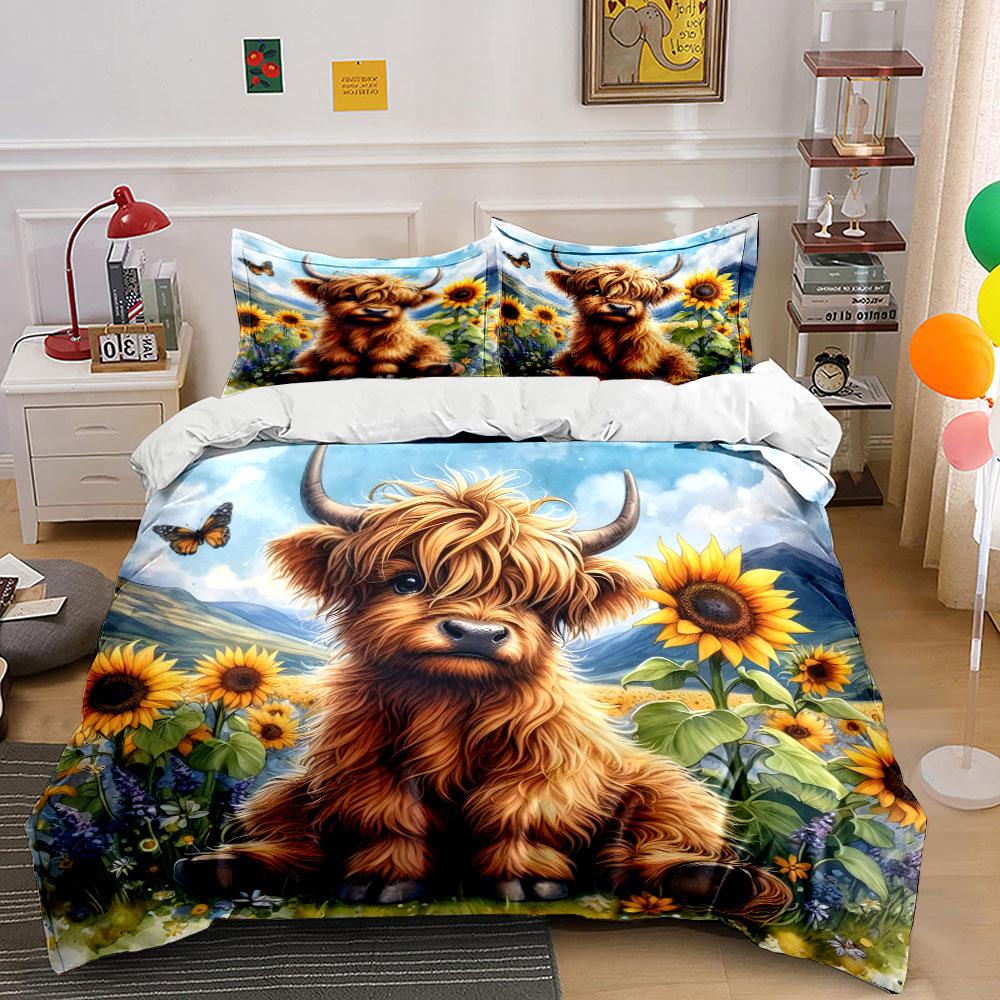 "Highland Cow and Sunflowers" Bedding Duvet Cover Set Duvet Cover Pillowcases (1 * Duvet Cover 2 * Pillowcases, without duvet insert)