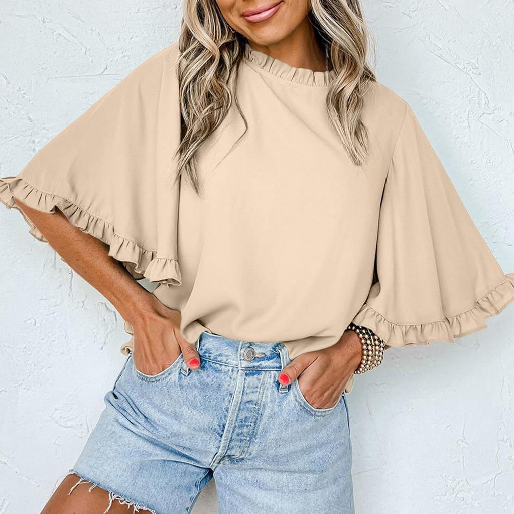 Women's Fashion Round Neck Blouse Half Sleeve Shirt with Ruffle Trim Casual Top for Daily Wear Lightweight and Comfortable Design
