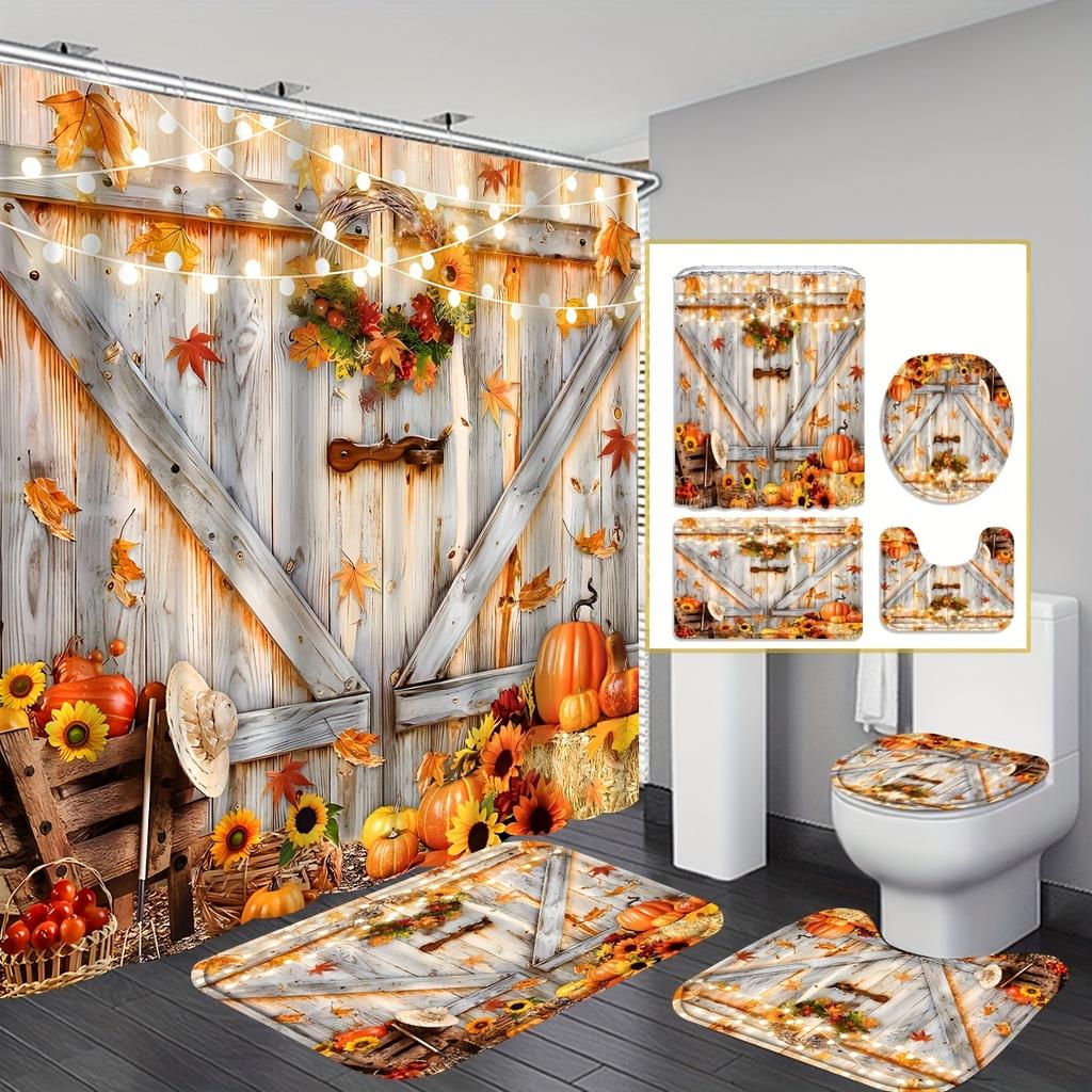 4Pcs Luxury Block PumpkinShower Curtain Sets Waterproof for Bathroom Non-Slip Bathroom Rugs Lid Toilet Cover Bath Mat Bathroom Set
