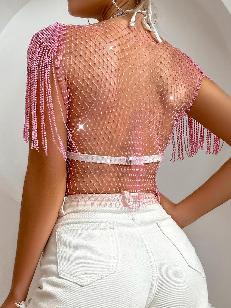 Rhinestone Shiny Fishnet Top - Sexy European & American Style, Short Sleeve Women's Vest H21092