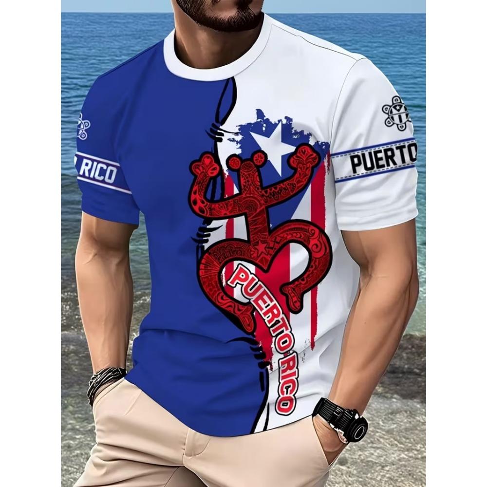 Men Puerto Rico Flag Symbol Fortress Landscape Print T-shirt Summer Short Sleeve O-Neck Patriotic Puerto Rican Sports Tee