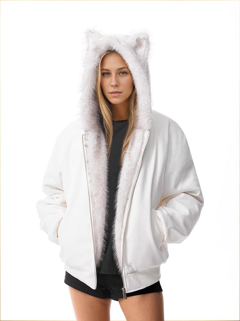 American vintage mountain carving jacket for women, autumn/winter hooded fur collar short jacket, thickened fluffy hot girl jacket, street style