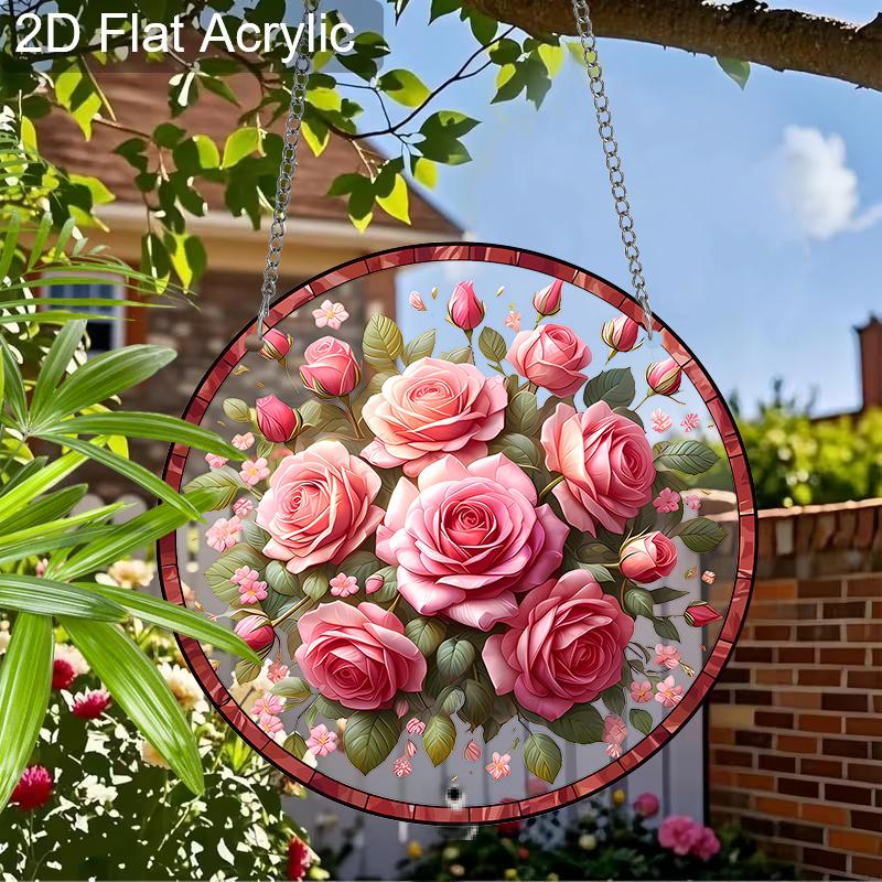 Acrylic Pink Rose Suncatcher Stained Glass Effect Window Hanging Ornament Flower Lover Gifts