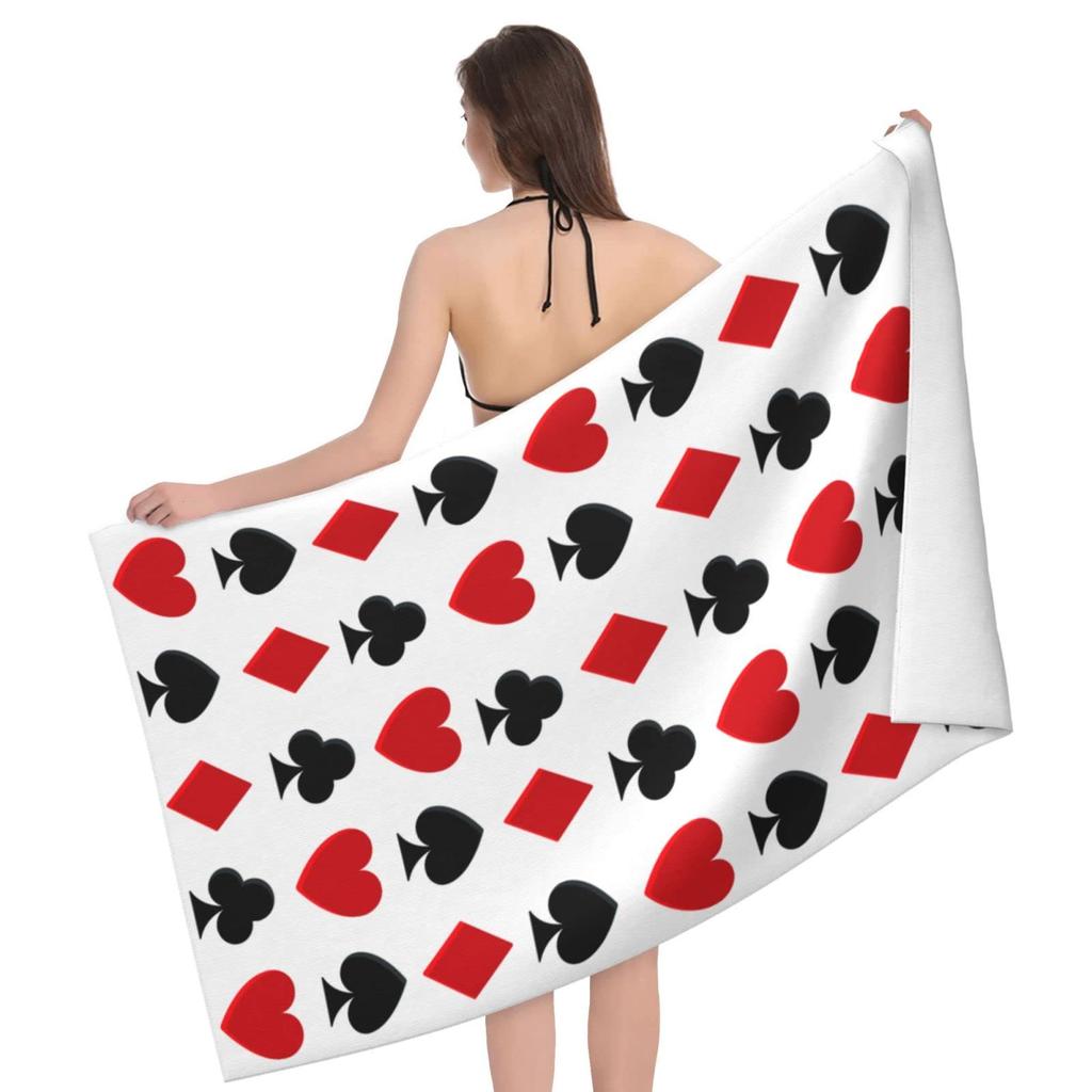 Red White Black Playing Card Game Beach Towel, Microfiber Absorbent Quick Dry Bath Towel, In Vintage Style Soft Kid Unisex Towel