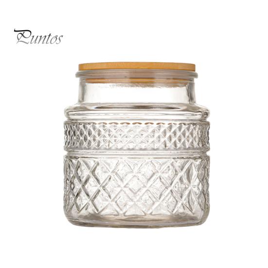 600/1300/2000ML Glass Storage Jar Vintage Diamond Pattern with Bamboo Lid Good Sealing Large Capacity Kitchen Storage Container