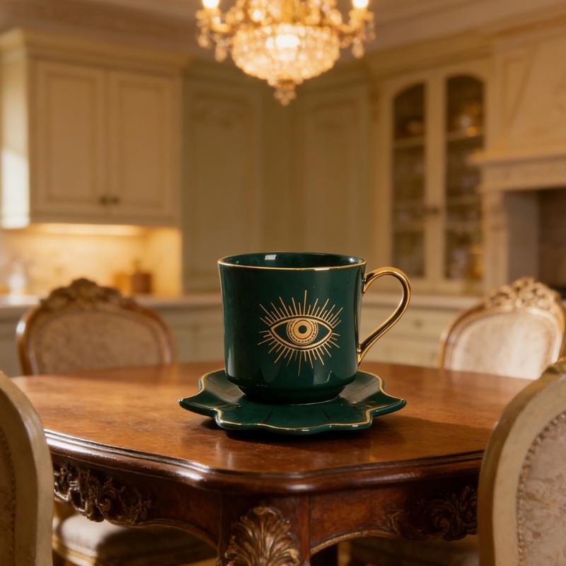 Ceramic Coffee Cup and Hand Shape Saucer Set Turkish Evils Eye Theme Mug Drinkware Gift for Safe Tea Milk Drinking
