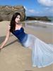 Gradient Blue Elastic Mesh Women's Strapless Fishtail Dress with Slimming Waist and Heart-Shaped Neckline