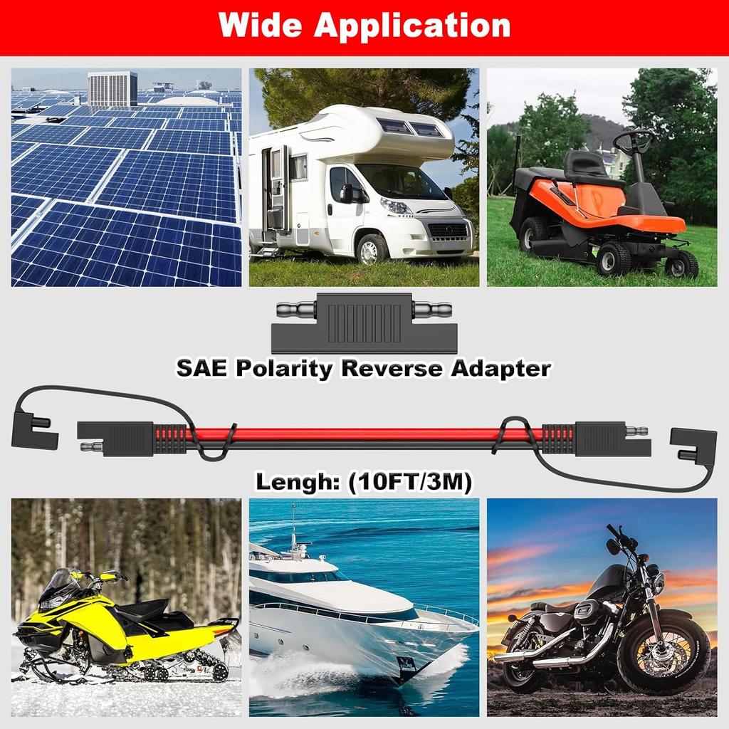 12AWG SAE Extension Cable, 10FT SAE Connector Extension Cable Quick Disconnect Wire Harness With Polarity Reverse Adapter For Solar Panel, Battery,