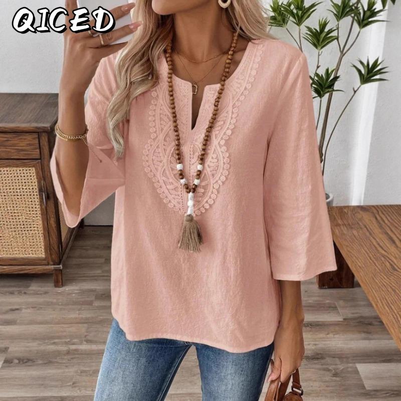 QICED Women's Fashion Casual V-Neck Short Sleeve Blouses & Shirts