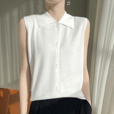 Polo Collar Sleeveless Worsted Wool Vest for Women In Spring and Autumn Style, Inner Style Solid Color Knitted Vest Base Shirt Top