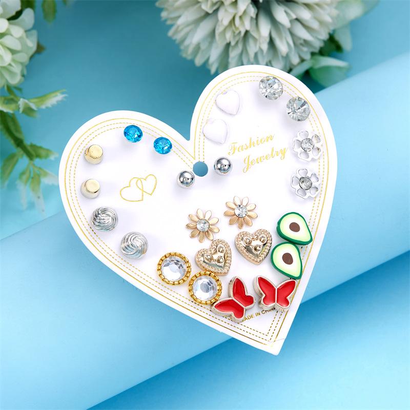 European & American Gold Fashion 12-Pair Rhinestone Stud Earring Set: Hearts, Feathers, Figure 8, Stars