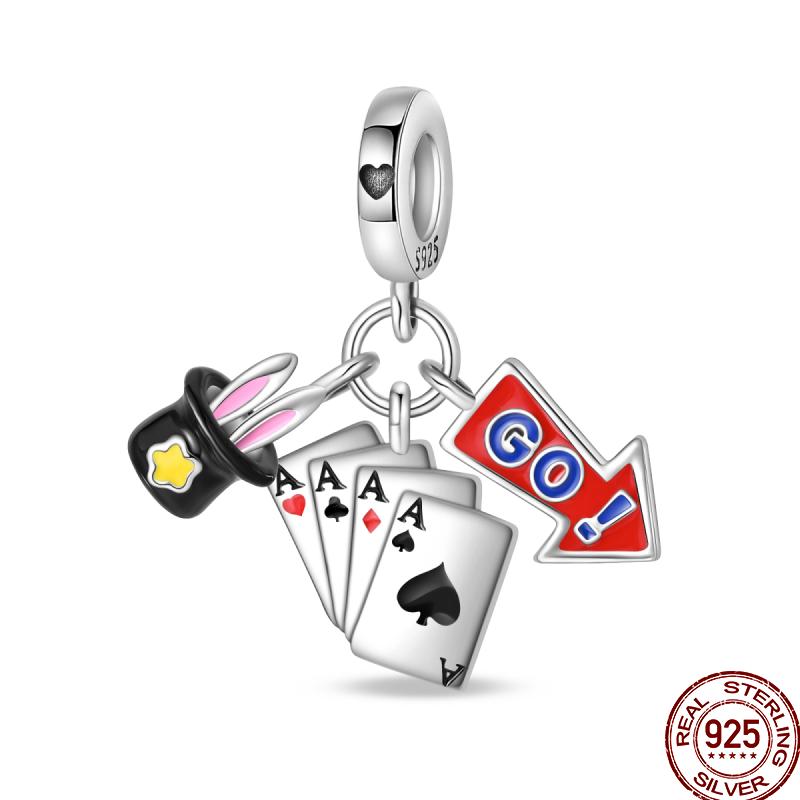 Copper Magician Circus Playing Cards Teddy Bear Charm Beads Suitable Fit Pan Original Bracelet Diy Jewelry