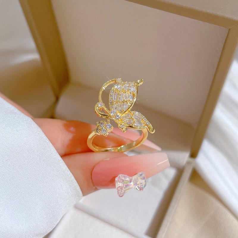 Real Gold Bow Zircon Ring Opening Adjustable Simple Jewelry Japanese Ring Couple Ring