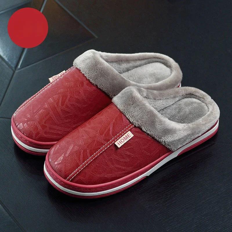 Men‘s Slippers Winter Indoor Women Warm Shoe Comfortable Waterproof PU Leather Slipper Couple Cotton Flat Shoes 2025 New