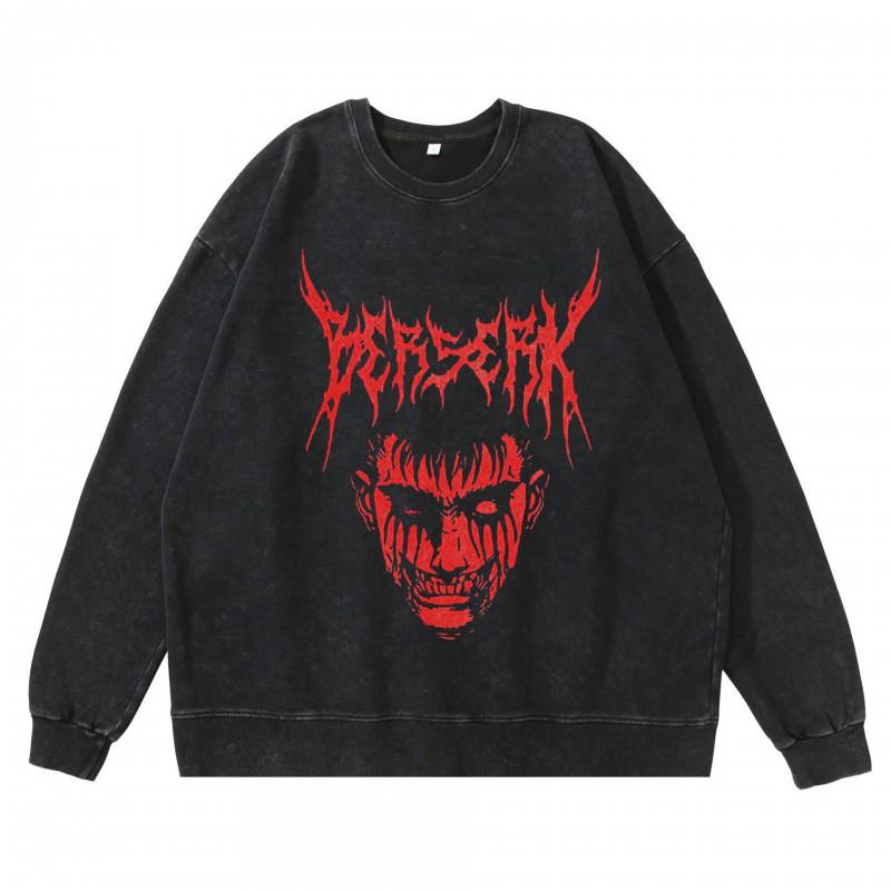 Heavyweight 360g Washed Vintage Berserk Anime Streetwear Cotton Pullover Hoodie-Free Crewneck Sweatshirt Men