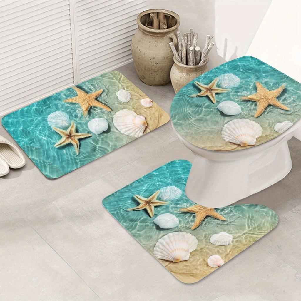 3-Piece Bathroom Mat Set - Anti-Slip Starfish & Seashell Design, Machine-Washable, Soft Flannel - Ideal for Home Safety and Decor