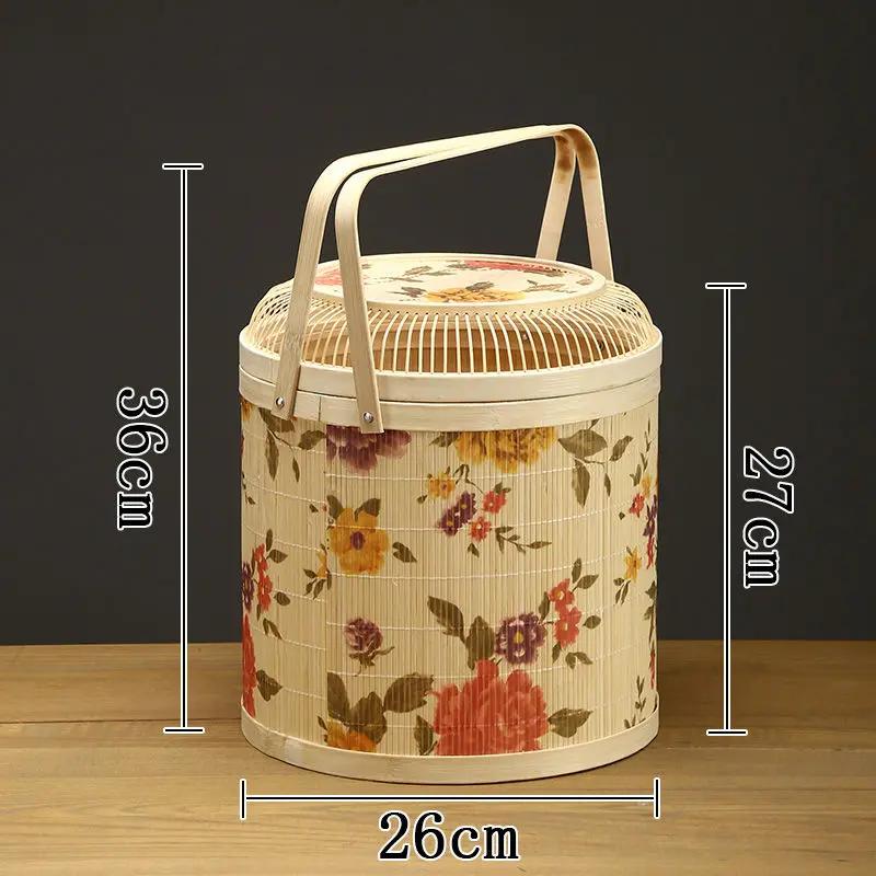 Kitchen Basket for Rice Dumplings and Mooncakes, Souvenir Packaging, Round Peony Flower, Portable Bamboo Basket, Bamboo