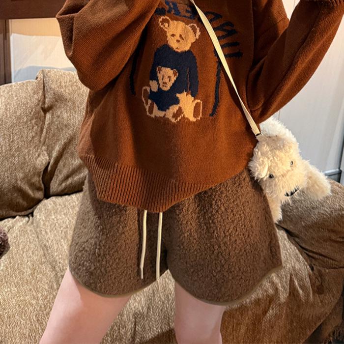Plüsch-Shorts mit hoher Taille und weitem Bein für Damen Winter 2025
