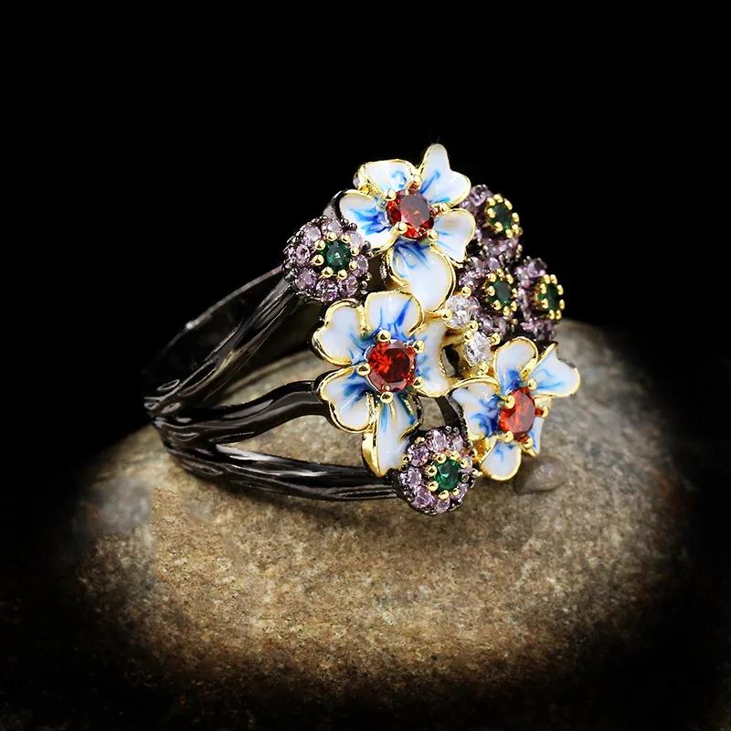 2025 Gorgeous Ladies 925 Silver Black Gold Ring Colorful Flower Ring Zircon Jewelry Flower Ring