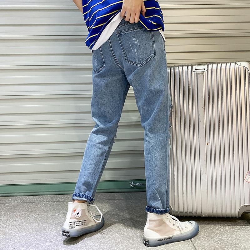 Spring New Men's Broken Hole Denim Crop Pants Men's Korean Version Loose Straight Leg Lightweight and Breathable Beggar Pants Men's