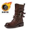 Retro thick-soled thick-heeled lace-up Martin boots for women's autumn and winter new mid-tube British style belt buckle locomotive boots