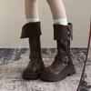 Black two-wear stacked boots retro small thick-soled 2025 tall new spring and autumn knight boots