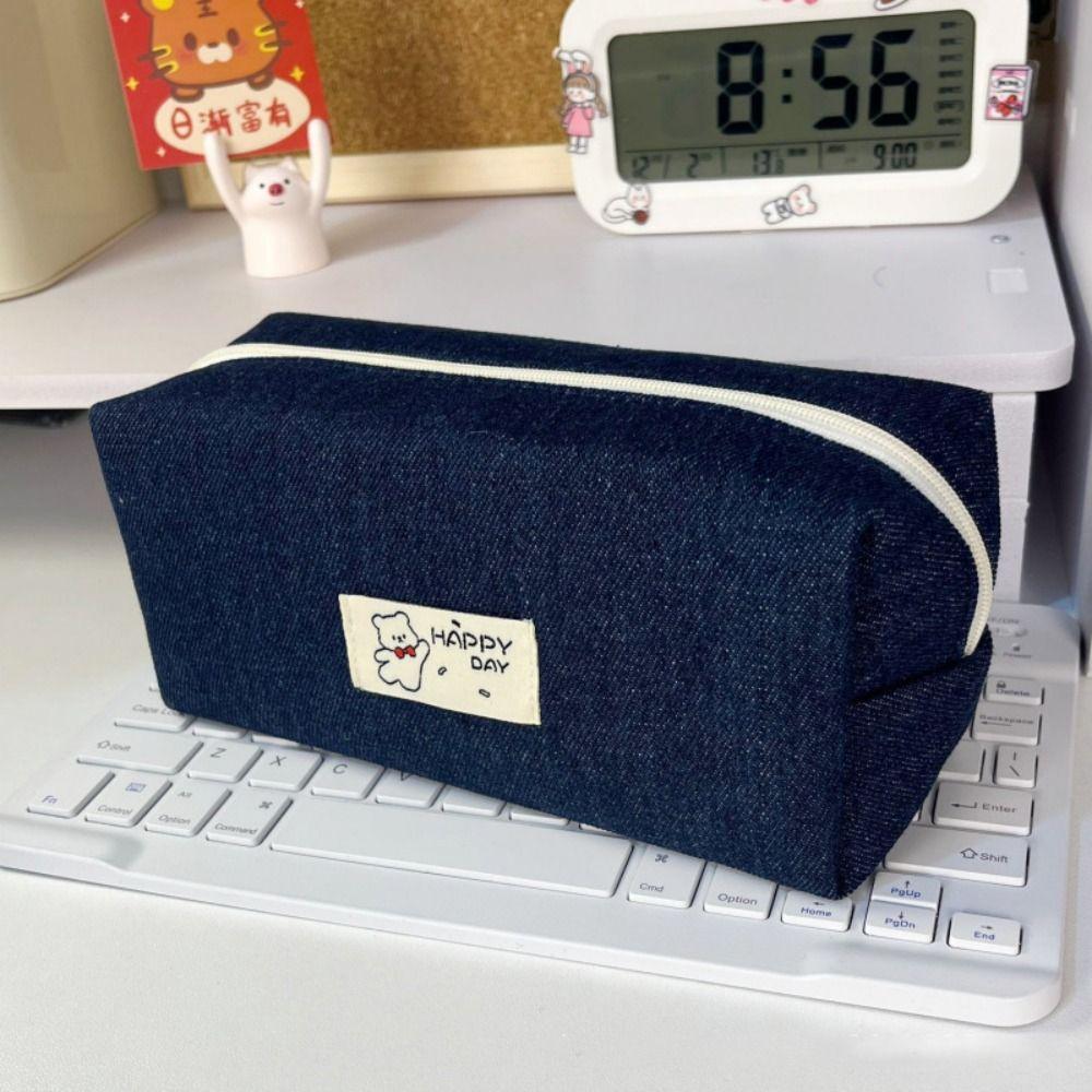 Large Capacity Stationery Bag Dark Blue Stationery Organizer Cute Denim Pencil Case  School Office