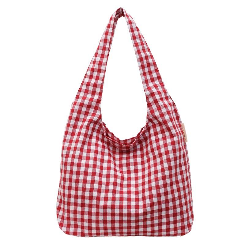 Japanese retro red plaid canvas bag women's 2025 new lazy wind commuter tote bag student shoulder armpit bag