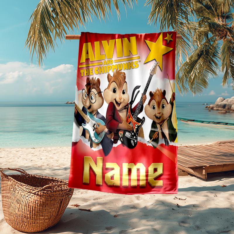 Personalisierbares Ultra-Weiches Strandtuch mit Alvin und den Streifenhörnchen-Thema, Ideal für Pool - Camping, Tauchen - Perfekter Reisebegleiter, Lebendiges Strandtuch