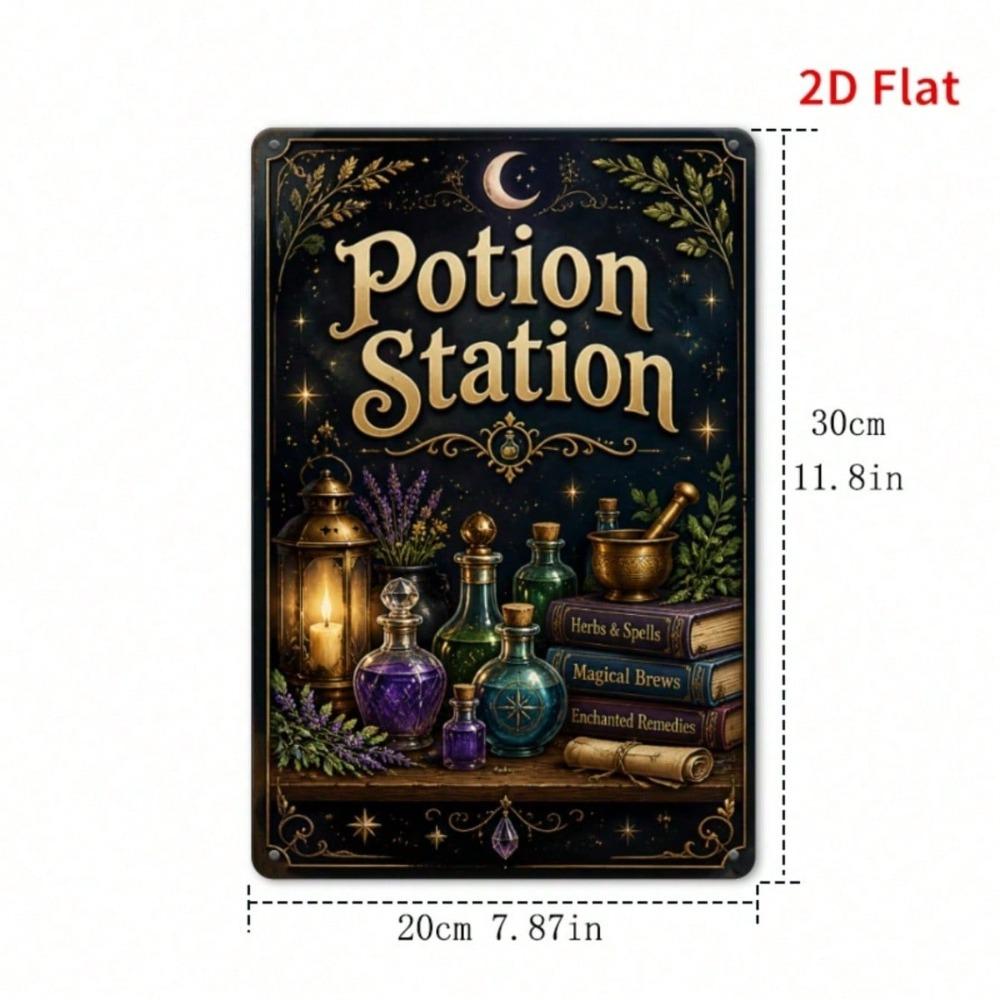 Vintage 2D Potion Station Tin Sign, Crescent Moon Witch Decor, Metal Plaque for Bedroom Wall