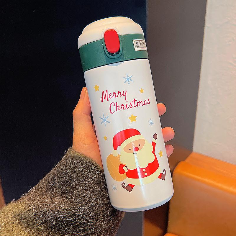 New Cute Christmas Thermos Water Bottle With Straw For Kids Vacuum Insulation Drinking Bottles Thermo Cup Couple Christmas Gift