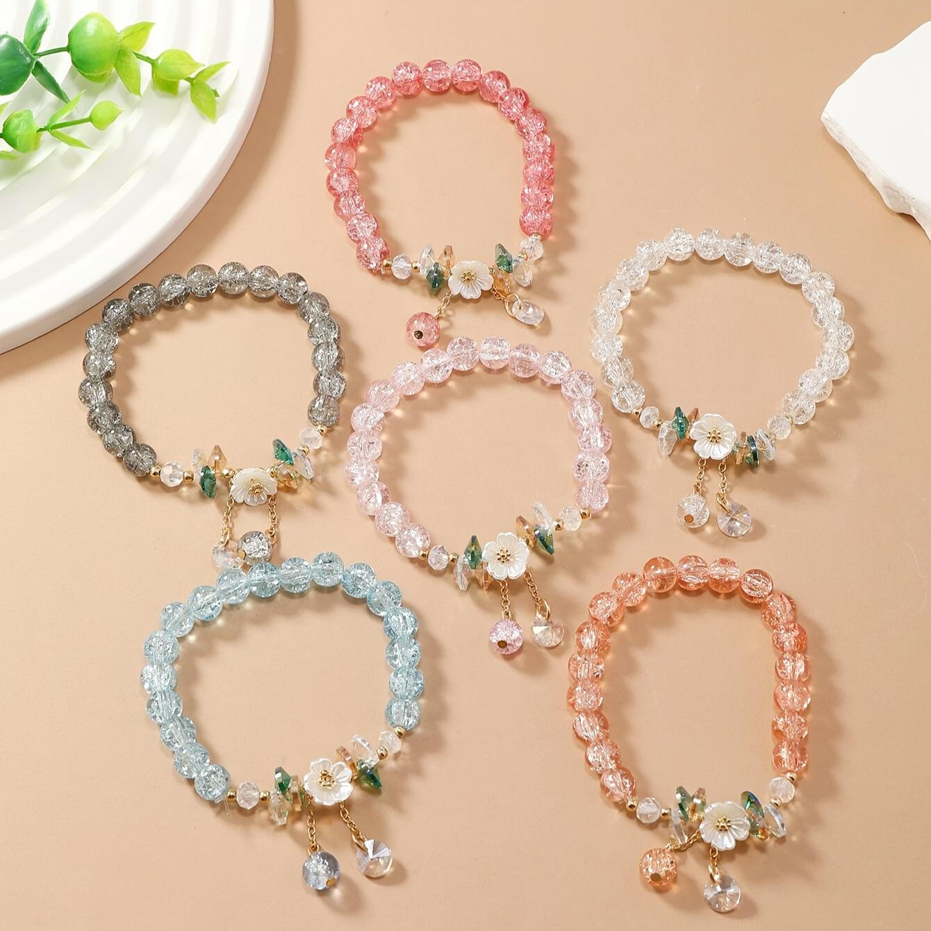 

Набор из 6 элегантных браслетов в стиле Y2K с цветком камелии и стеклянными бусинами, ювелирный подарок для женщин и девушек, сувениры для вечеринок, аксессуар на День святого Валентина