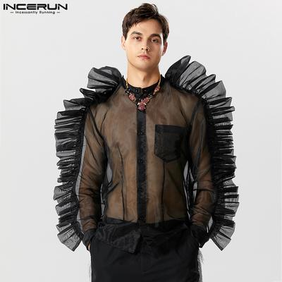 Mesh Black Men See Through Long Sleeves Party Shirts