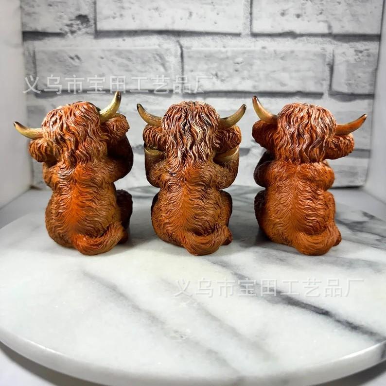 New resin statue ornament, cute and creative decoration, don't listen, don't look, don't say Highland cow desktop decoration