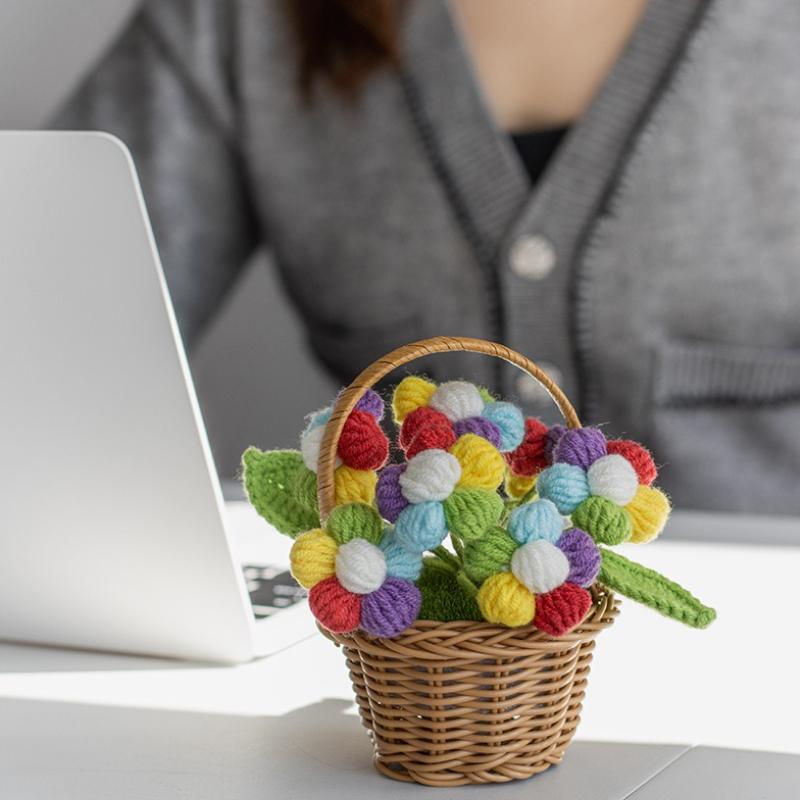 1 Stück Kleine Blaue Blume Topfpflanze Handgefertigt Wolle Gehäkelt Puff Desktop Dekoration Ornamente